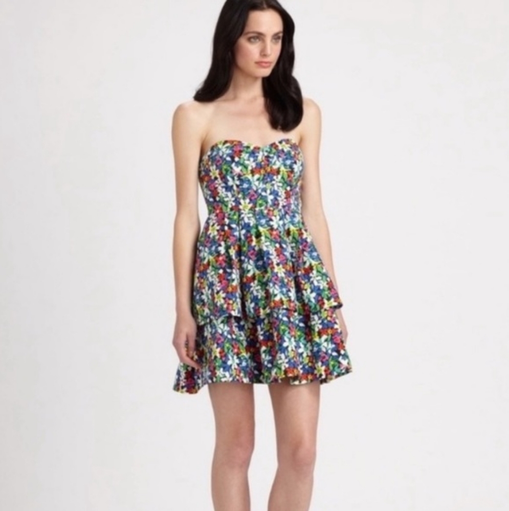 Kate Spade Dress Black Floral Strapless Karmen Tiered Mini Dress Size 10